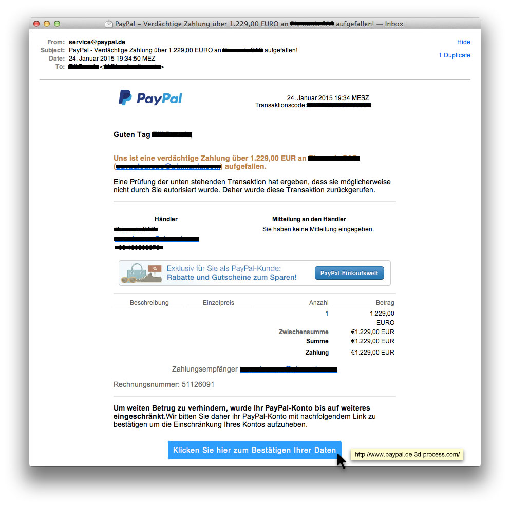 Paypal Fake-Email Rechnung-Warnung